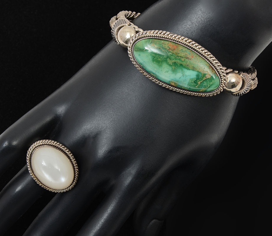 Appraisal: ARTIE YELLOWHORSE TURQUOISE BRACELET MOONSTONE RING Yellow stone designs some