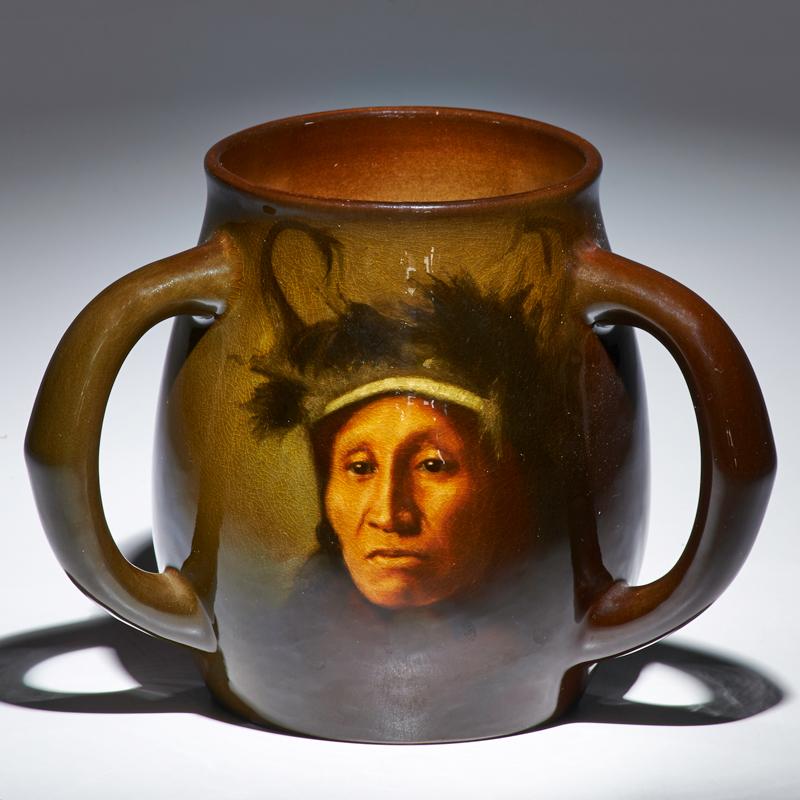 Appraisal: ADELIZA SEHON ROOKWOOD Standard Glaze three-handled vase with portrait of