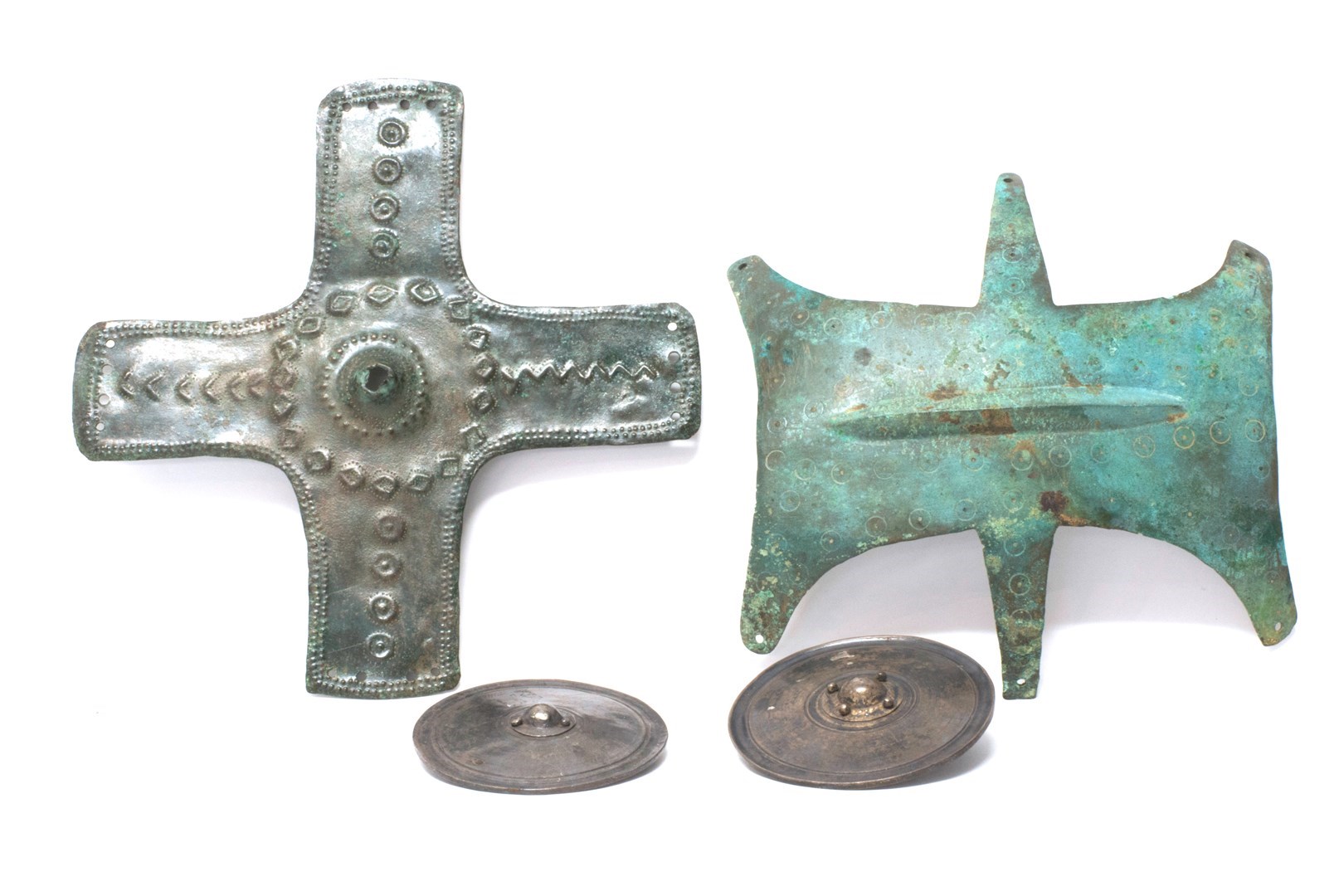 Appraisal: Four western Asiatic bronze and silver horse trapping mounts including