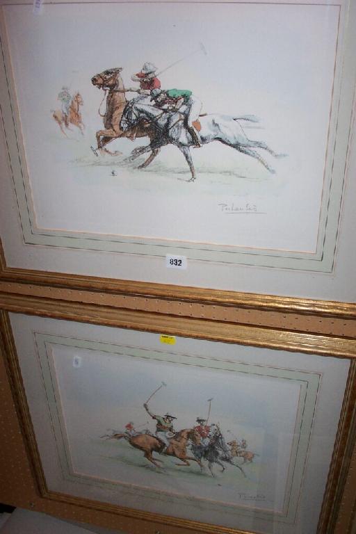 Appraisal: A pair of coloured lithographs of polo playing subjects signed