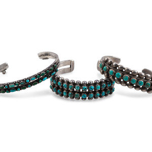 Appraisal: Navajo or Zuni Silver and Petit Point Turquoise Cuff Bracelets