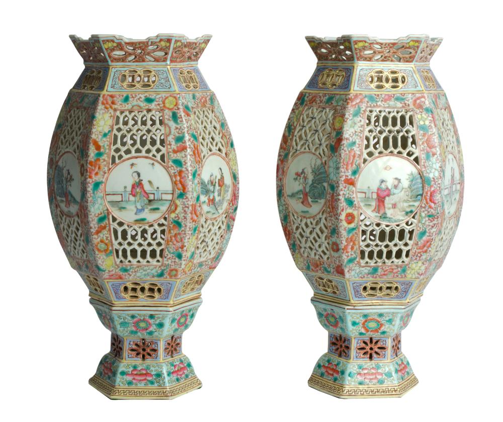 Appraisal: PAIR OF CHINESE PORCELAIN LANTERNSof hexagonal baluster form with pierced