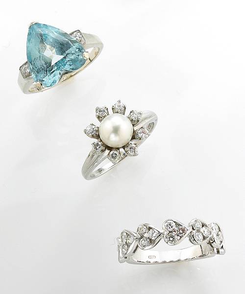 Appraisal: A collection of three aquamarine cultured pearl diamond platinum k