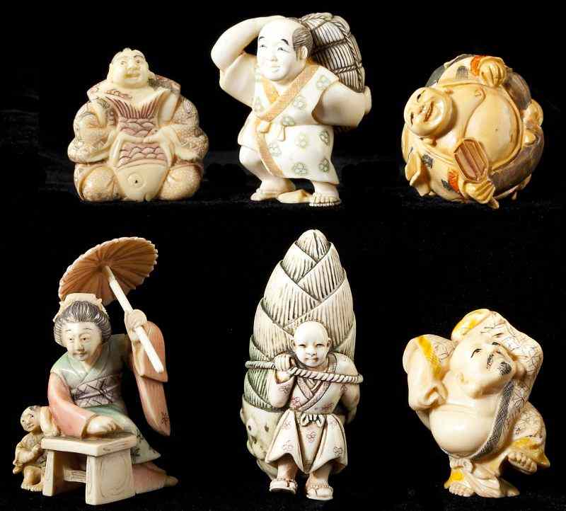 Appraisal: Group of Six Japanese Tinted Ivory Netsukesall figural in form