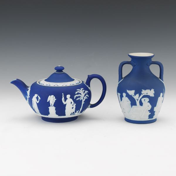 Appraisal: TWO WEDGWOOD JASPEWARE ITEMS THE PORTLAND VASE AND TEAPOT Including