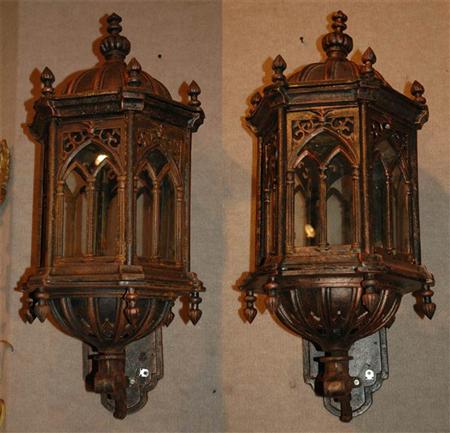 Appraisal: Pair of Gothic Style Painted Iron and Glass Lanterns Estimate