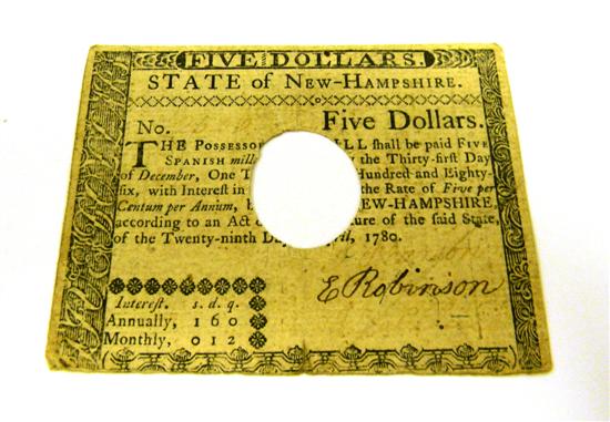 Appraisal: NH - Five Dollar Note - Hole cancelled Fine and