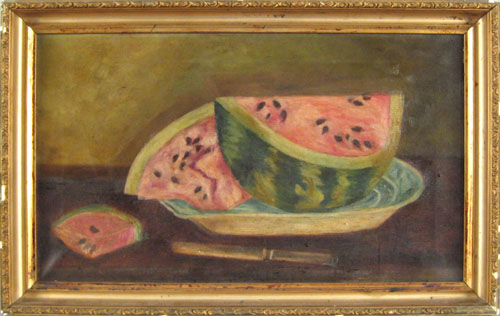 Appraisal: American oil on canvas primitive still life with a watermelon