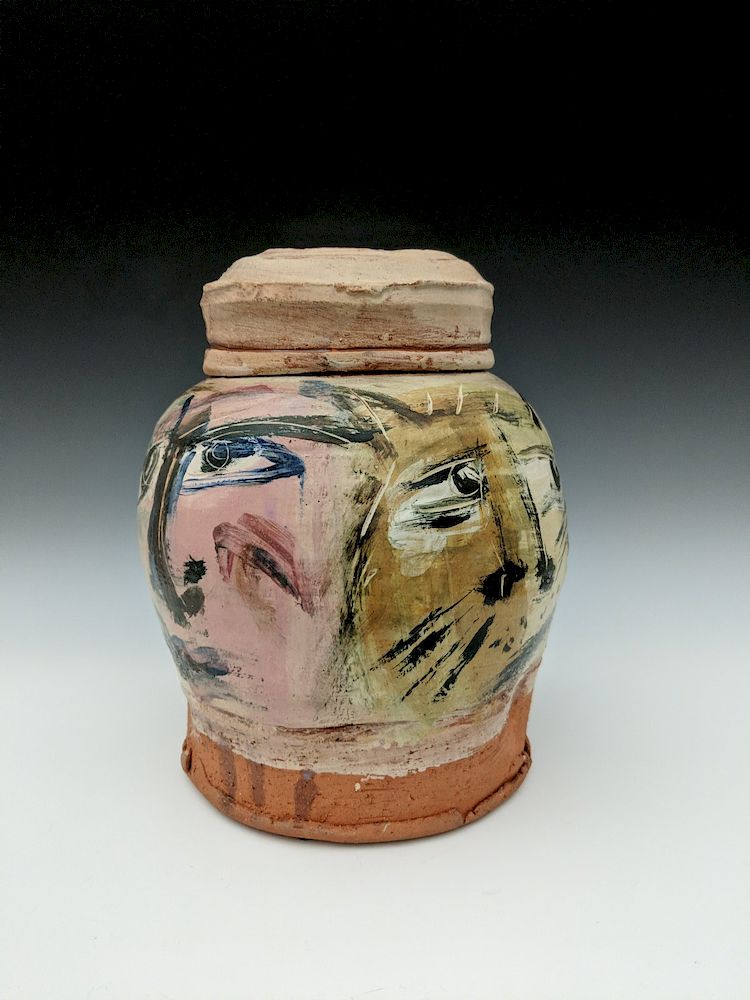 Appraisal: Ron Meyers - Covered jar with face Lot Ron Meyers