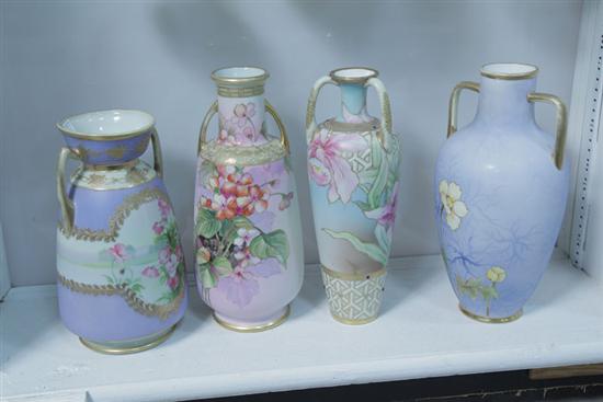 Appraisal: FOUR NIPPON VASES Handled vases with polychrome floral decoration and