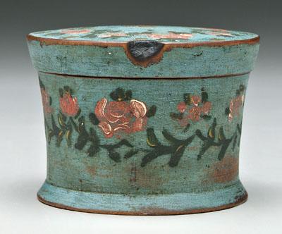 Appraisal: Painted cherry treenware box threaded wooden lid floral and gilt