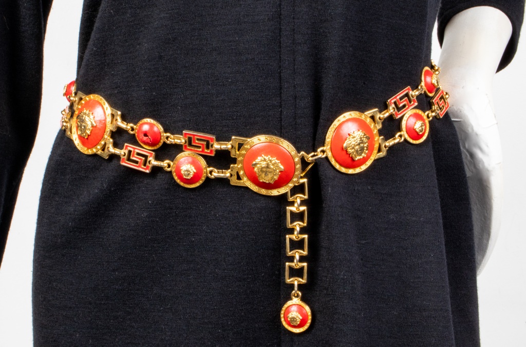 Appraisal: GIANNI VERSACE RED LEATHER AND GOLD-TONE BELT Gianni Versace gold-tone