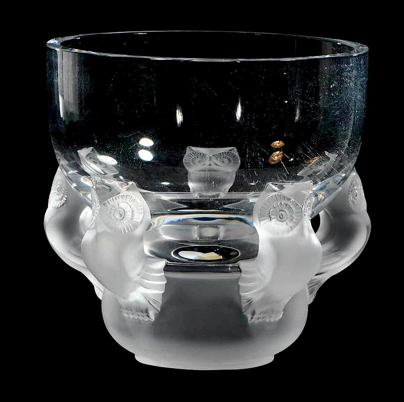 Appraisal: Lalique Hiboux Glass Bowl depicting frosted owls on footed base