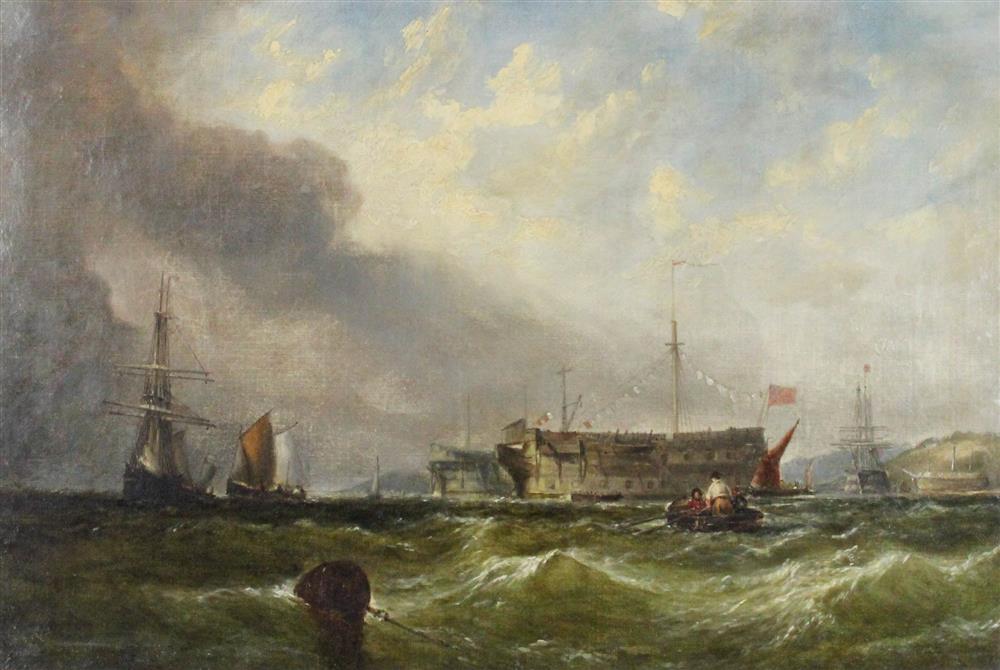 Appraisal: BRITISH SCHOOL TH CENTURY SHIPPING OFF THE COAST Oil on