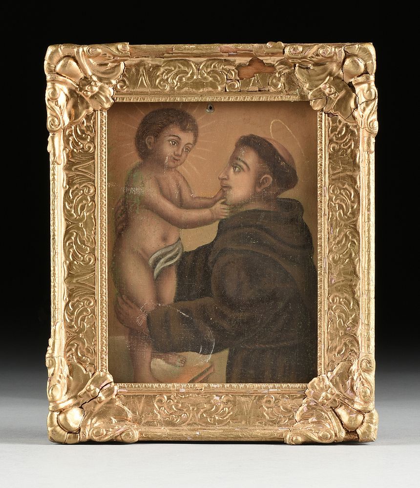 Appraisal: A MEXICAN COLONIAL STYLE RETABLO Saint Anthony and Infant Jesus