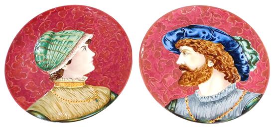 Appraisal: Pair of Sarreguemines Majolica chargers each with relief portraits of