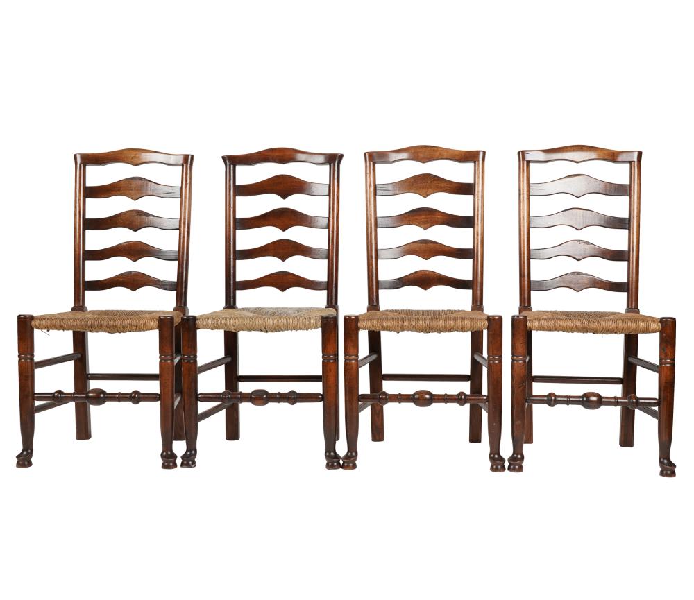 Appraisal: SET OF FOUR GEORGIAN OAK LADDERBACK CHAIRSwith woven rush seats