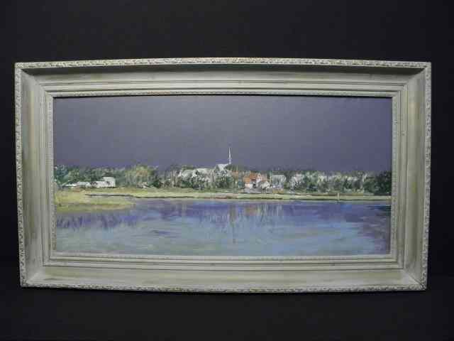 Appraisal: Oil on canvas painting depicting a waterway with a town