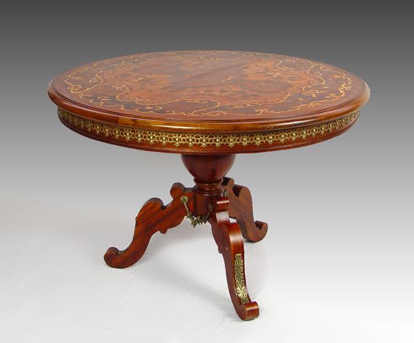 Appraisal: ROUND FRENCH STYLE MARQUETRY INLAY CENTER TABLE Three color inlay