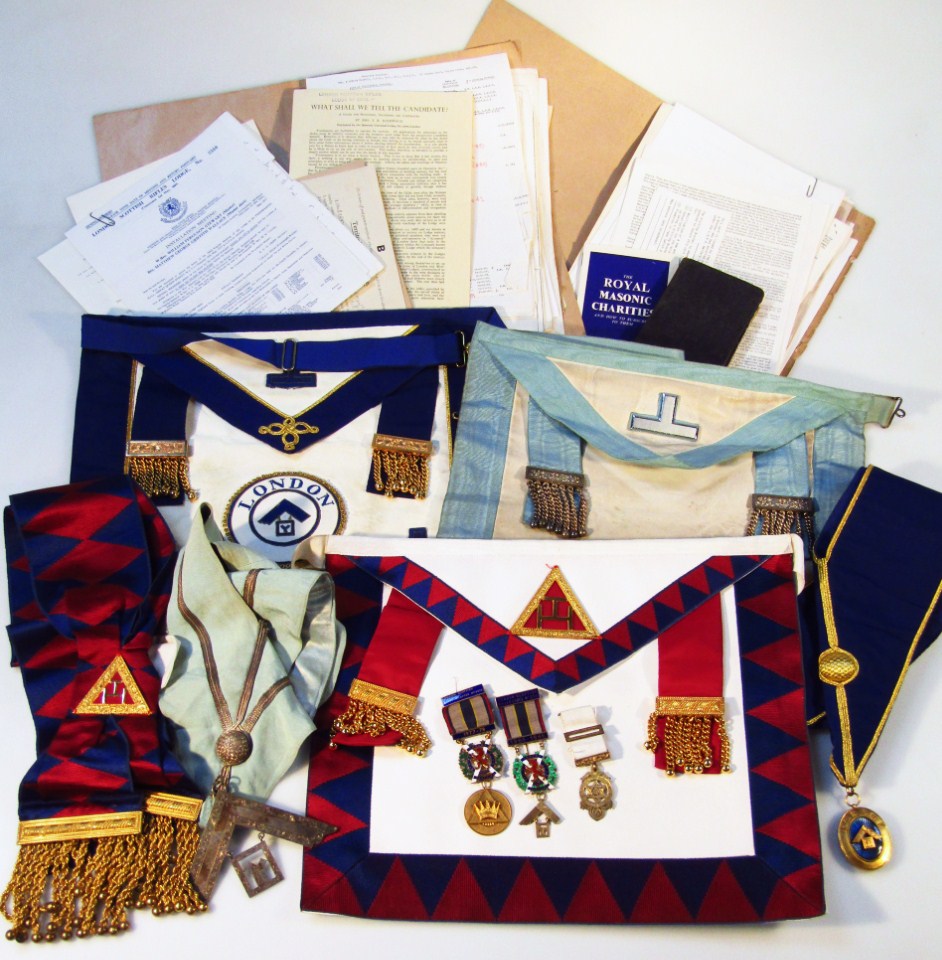 Appraisal: Various mid- thC Masonic Regalia apron sashes medals medallions etc