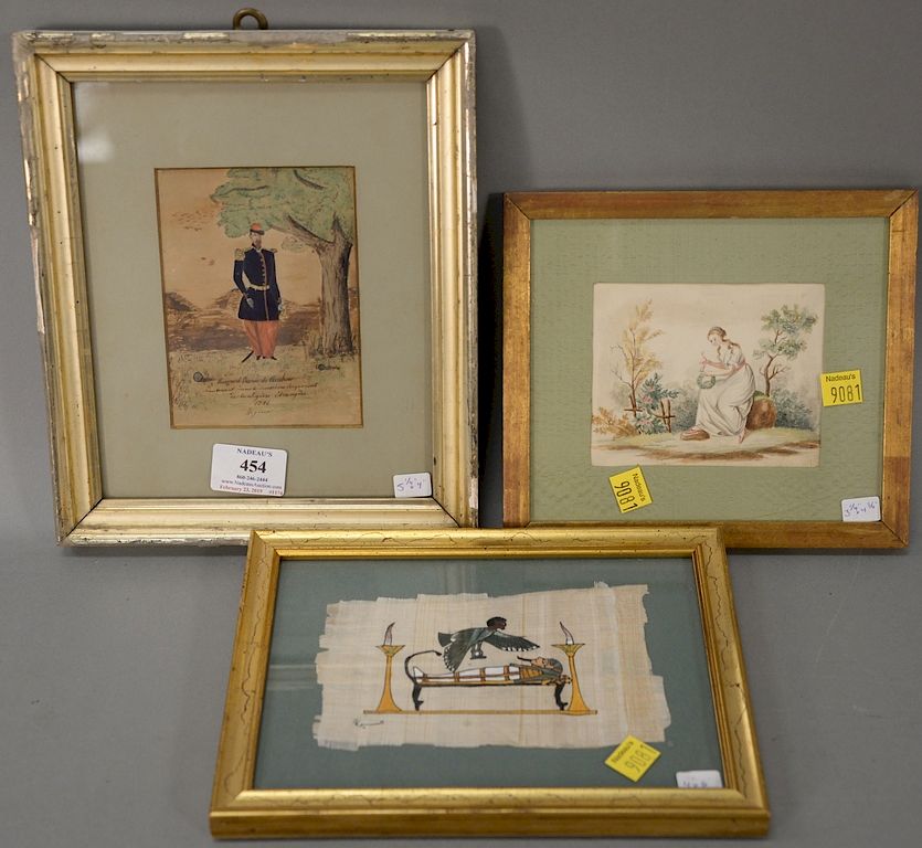 Appraisal: Three framed paintings to include watercolor of a soldier Reigard