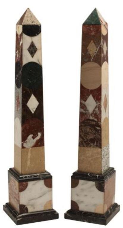 Appraisal: pair Monumental specimen marble inlaid obelisks on bases some small