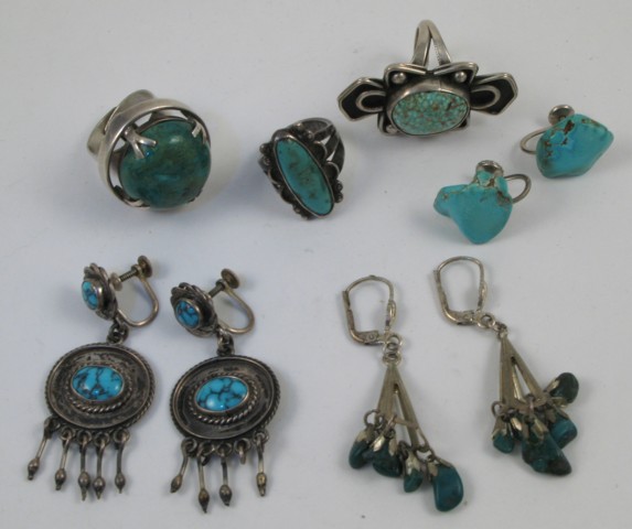 Appraisal: NAVAJO STERLING TURQUOISE JEWELRY pieces includes rings and pair earrings