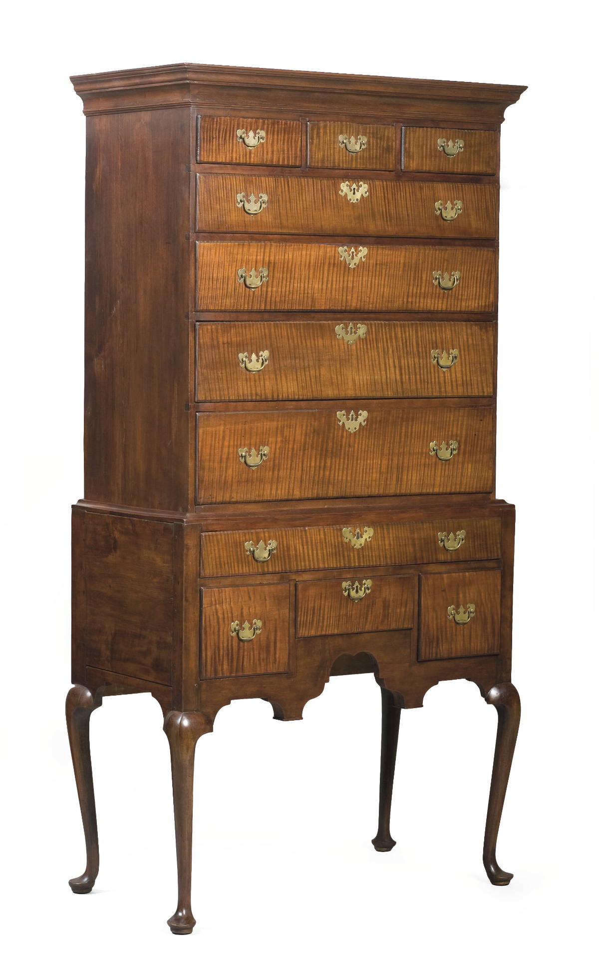 Appraisal: MASSACHUSETTS QUEEN ANNE TIGER MAPLE HIGHBOY NEWBURY AREA The upper