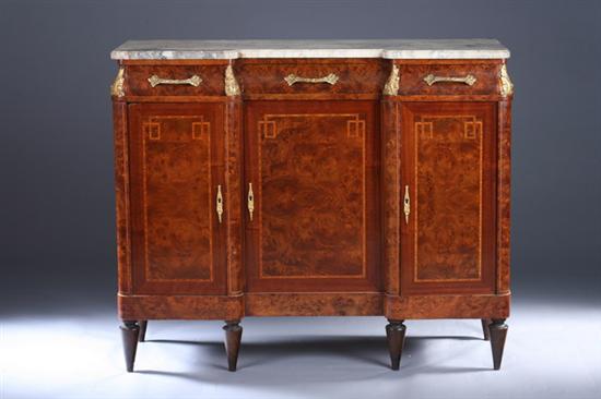 Appraisal: LOUIS XVI STYLE MIXED-WOOD MARBLE-TOP BUFFET th century with ring-pull