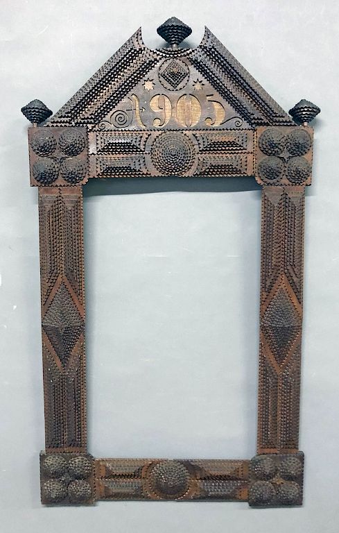 Appraisal: Large Gothic Form Tramp Art Frame Large Gothic form tramp