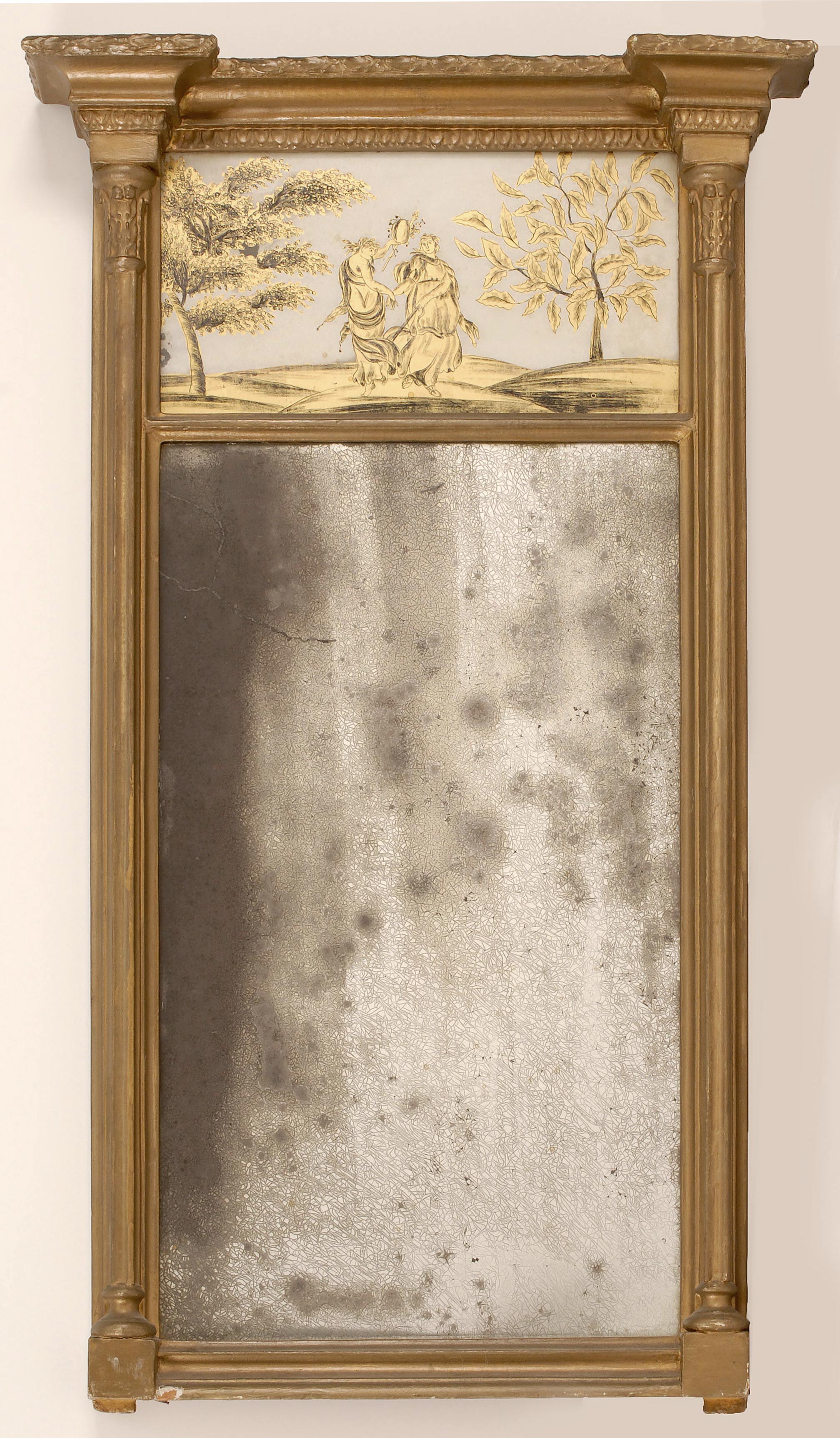 Appraisal: EARLY TH CENTURY SHERATON-STYLE TABERNACLE MIRROR with split turned columns