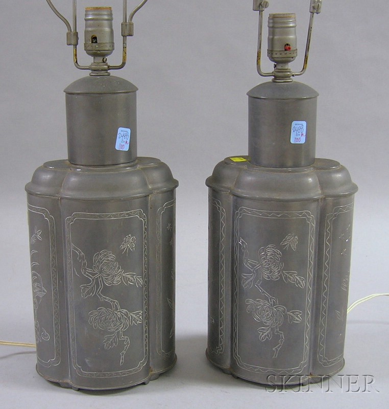 Appraisal: Pair of Chinese Pewter Tea Cannister Table Lamps with hardwood