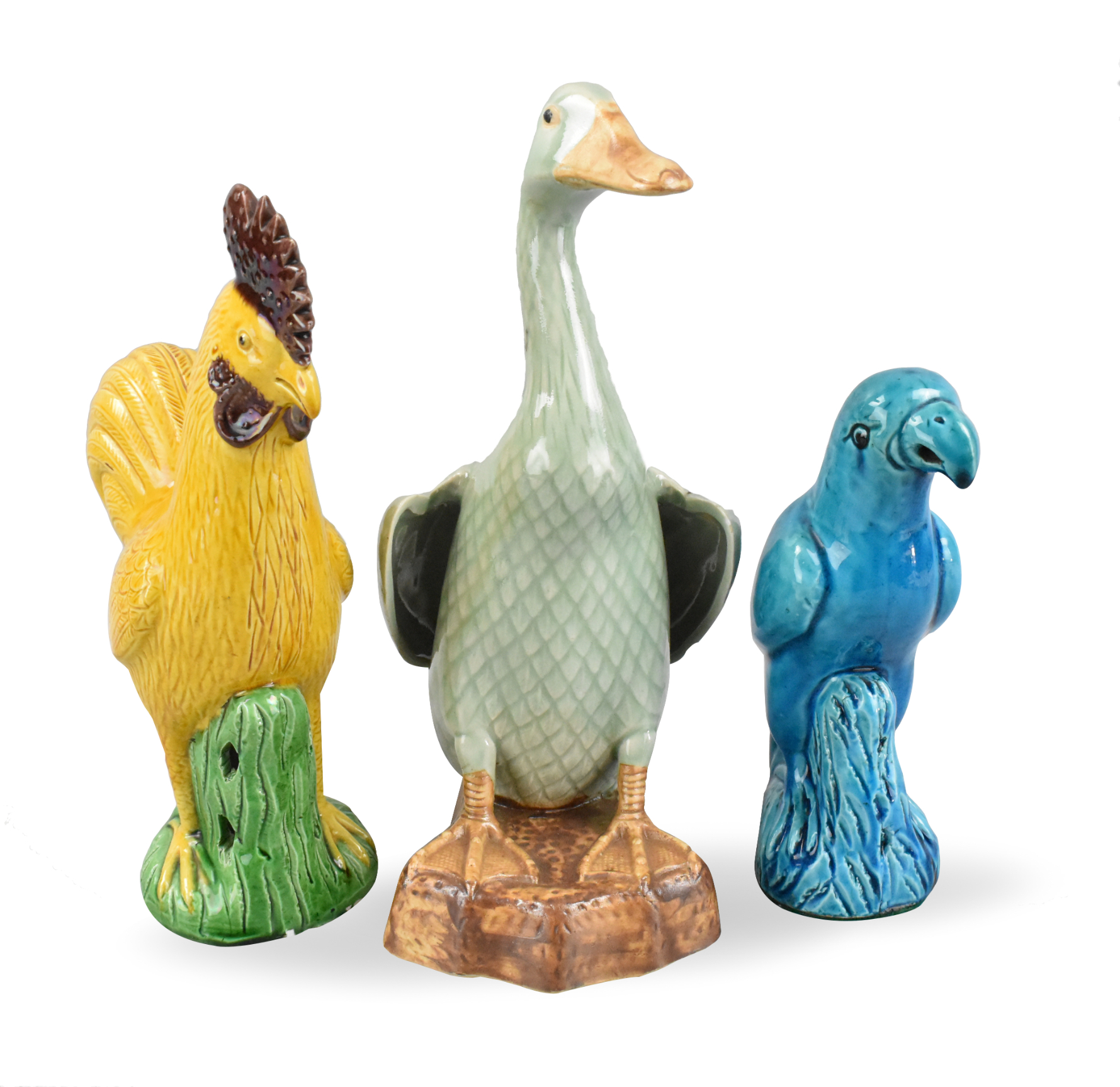 Appraisal: Three Chinese glazed pottery items a parrot rooster and duck