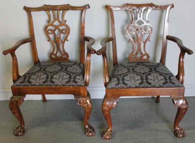 Appraisal: Pair of Signed Baker Mahogany Chippendale StyleArmchairs From a Bedford