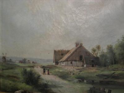 Appraisal: CONTINENTAL SCHOOL th Century Landscape with Figures near a Cottage