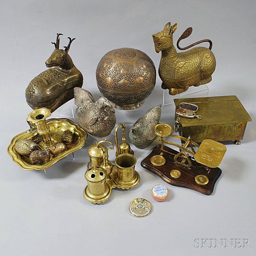 Appraisal: Group of Miscellaneous Decorative Metal Objects a small postage scale