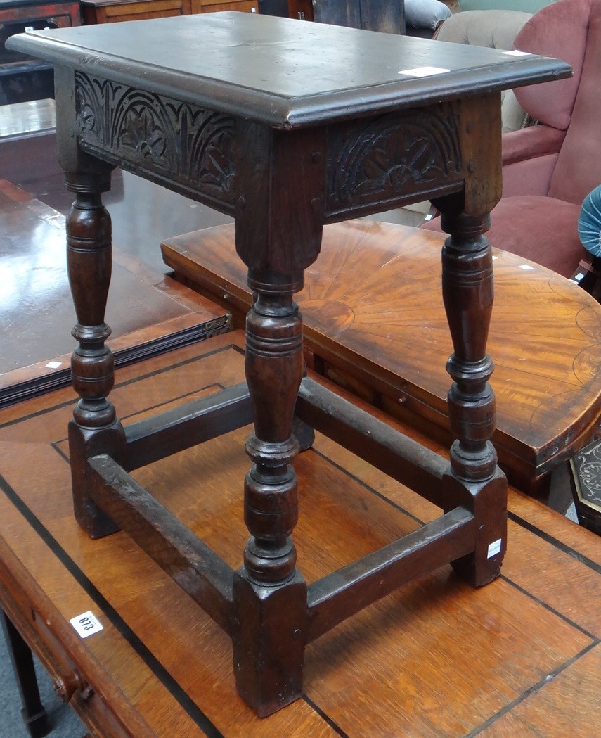 Appraisal: A th century oak joint stool with carved frieze on