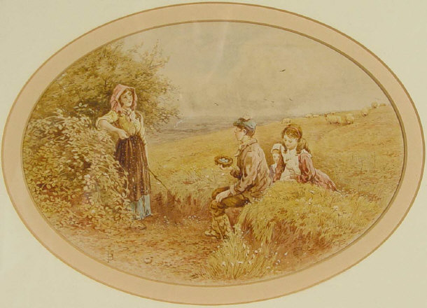 Appraisal: FB - Oval watercolour of children on a hillside collecting