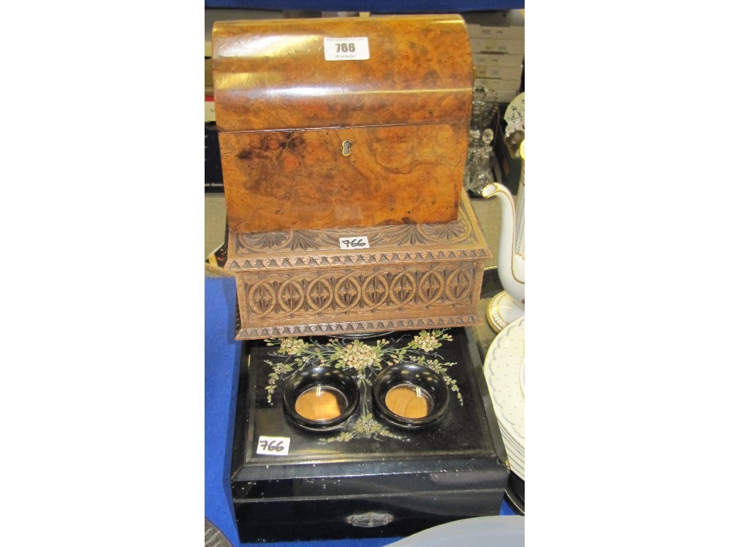 Appraisal: Victorian stereoscope viewer carved box and burr wood domed box