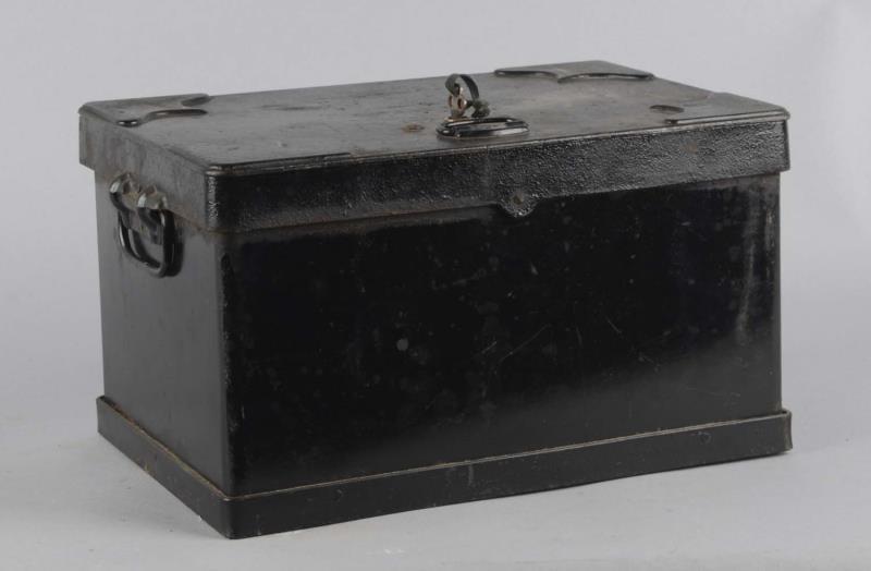 Appraisal: Black Strong Box With Carrying Handles Thick walled with key