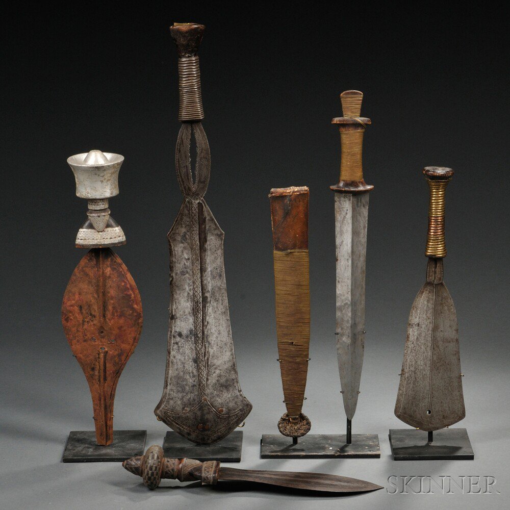 Appraisal: Five African Weapons includes two Kuba knives a Yakoma knife