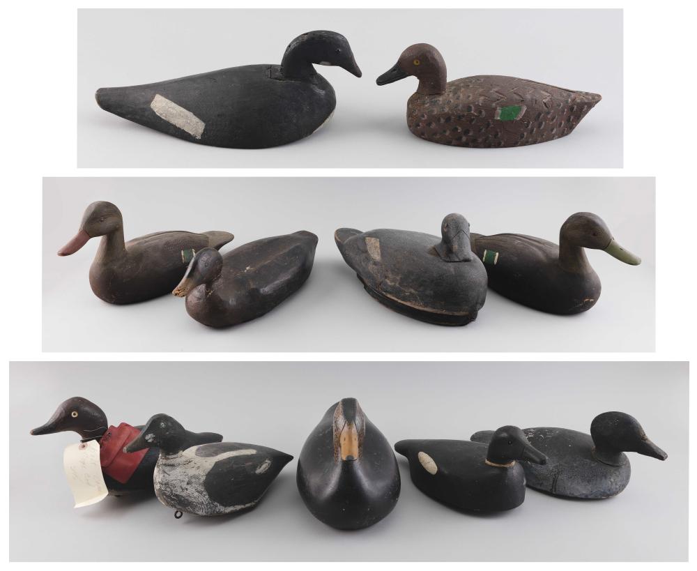 Appraisal: ELEVEN OLD GUNNING DECOYS th Century A black duck a