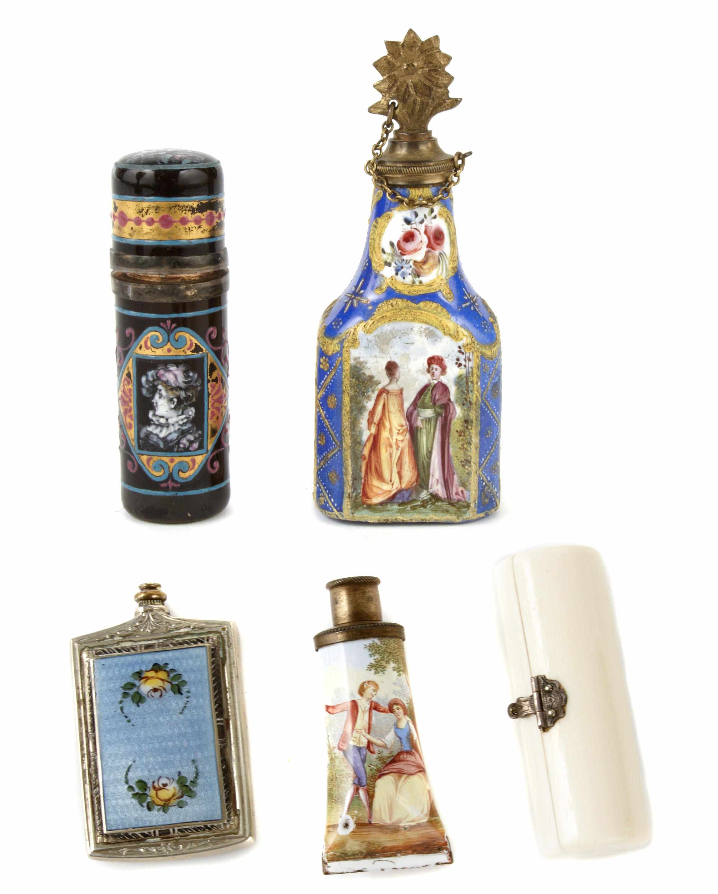 Appraisal: A group of five scent bottles One enclosed in an