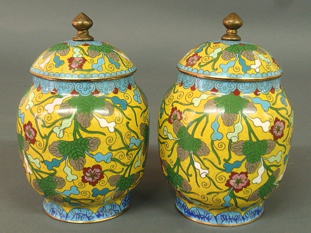 Appraisal: - Pair of colorful early cloisonn covered urns with brass