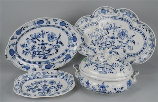 Appraisal: THREE MEISSEN BLUE ONION SERVING PLATTERS and a COVERED TUREEN