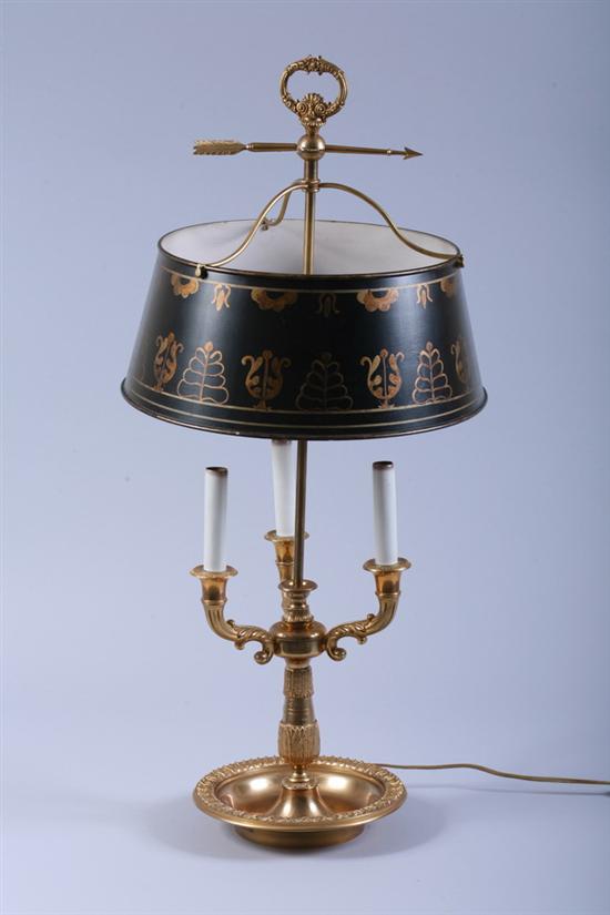 Appraisal: EMPIRE-STYLE BRONZE-DOR THREE-LIGHT BOUILLOTTE LAMP th century With tole shade