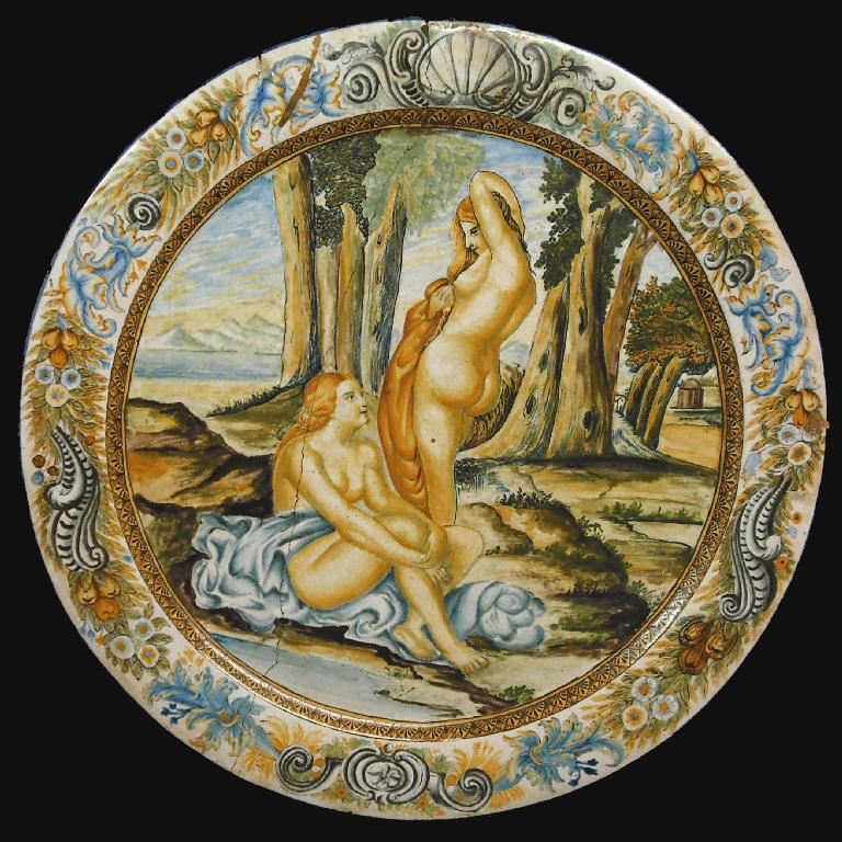 Appraisal: Italian maiolica Urbino style charger depicting seated and standing classical