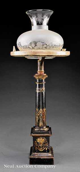 Appraisal: A French Gilt-Stenciled T le Sinumbra Lamp th c columnar