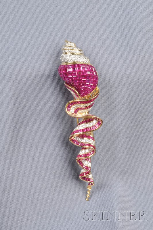 Appraisal: kt Gold Ruby and Diamond Shell Brooch set with step-cut