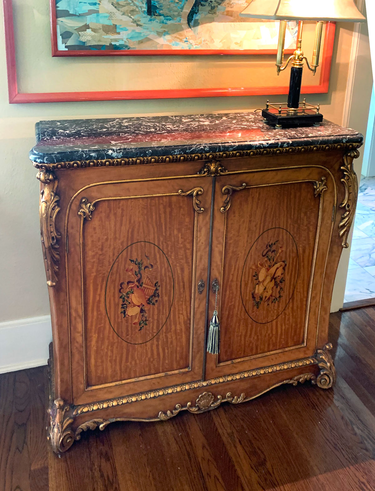 Appraisal: FRENCH CARVED MARBLE TOP CABINET Black white marble contoured top